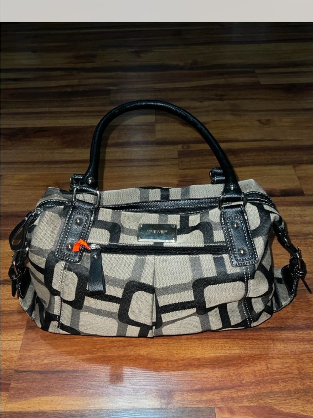 Nine West Beige and Black Geometric Canvas Satchel